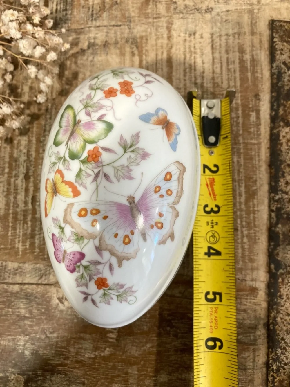 1970s Avon Butterfly Floral Porcelain Egg Shaped Trinket Box with 22K Gold Trim